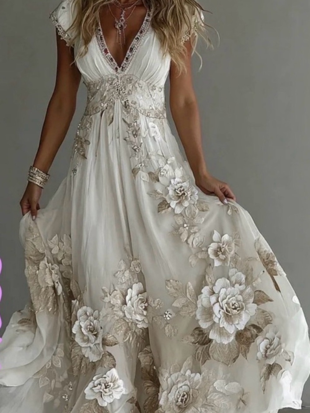 ❤️‍🔥ARRIVED❤️‍🔥 Boho Ivory Floral Embroidered Maxi Dress Cap Sleeve